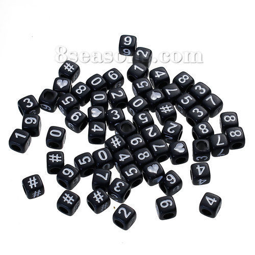 Picture of Acrylic Spacer Beads Square Black At Random Number Pattern White Enamel About 6mm x 6mm, Hole: Approx 3.5mm, 300 PCs