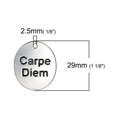 Immagine di Lega di Zinco Charms Ovale Argento Antico Lettere " Carpe Diem " 29mm x 25mm , 5 Pz