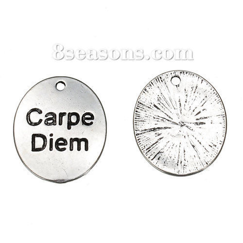 Immagine di Lega di Zinco Charms Ovale Argento Antico Lettere " Carpe Diem " 29mm x 25mm , 5 Pz