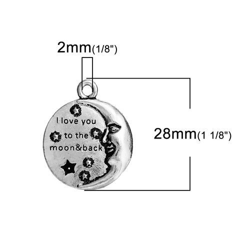 Picture of Zinc Based Alloy Charms Round Antique Silver Color Message " I Love You To The Moon & Back " Carved 28mm(1 1/8") x 22mm( 7/8"), 5 PCs