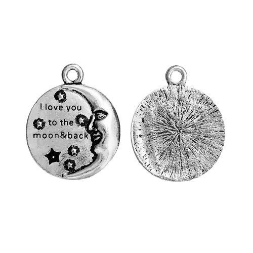Picture of Zinc Based Alloy Charms Round Antique Silver Color Message " I Love You To The Moon & Back " Carved 28mm(1 1/8") x 22mm( 7/8"), 5 PCs