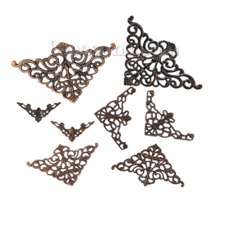 Picture of Iron Based Alloy Filigree Stamping Embellishments Findings Triangle Antique Copper Flower Vine Carved Hollow 75mm x48mm(3" x1 7/8") - 22mm x22mm( 7/8" x 7/8"), 60 PCs