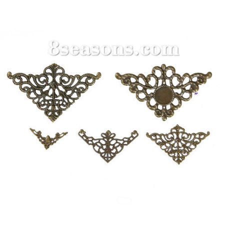 Zinc Based Alloy & Iron Based Alloy Filigree Stamping Embellishments Findings Fixed Triangle Antique Bronze Flower Vine Carved Hollow 79mm x46mm(3 1/8" x1 6/8") - 22mm x22mm( 7/8" x 7/8"), 50 PCs