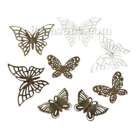 Iron Based Alloy Filigree Stamping Embellishments Findings Fixed Butterfly Mixed Hollow 61mm x47mm(2 3/8" x1 7/8") - 43mm x28mm(1 6/8" x1 1/8"), 40 PCs