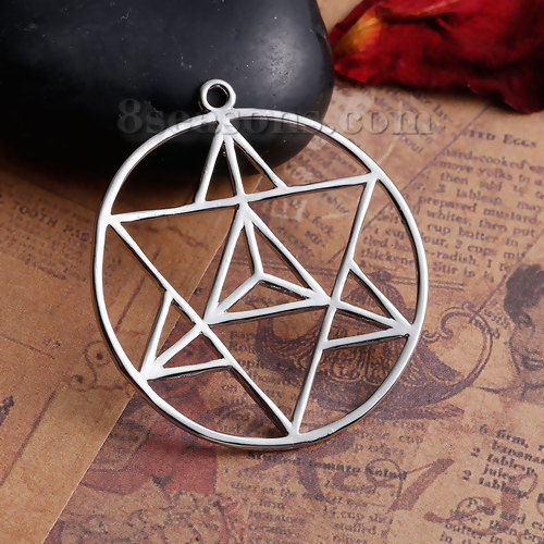 Picture of Brass Merkaba Meditation Pendants Round Silver Tone Hollow 39mm(1 4/8") x 36mm(1 3/8"), 1 Piece                                                                                                                                                               