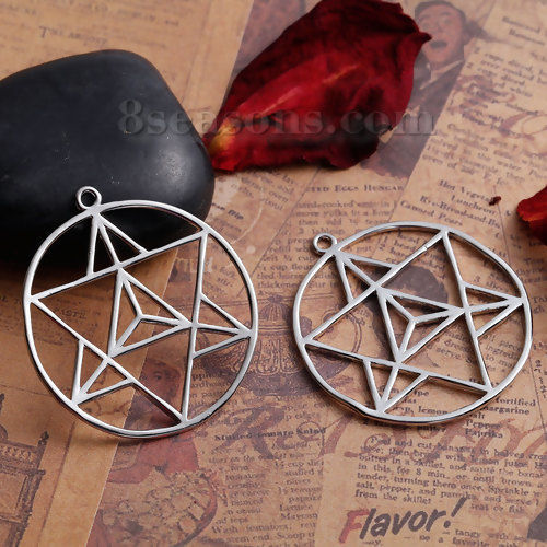 Picture of Brass Merkaba Meditation Pendants Round Silver Tone Hollow 39mm(1 4/8") x 36mm(1 3/8"), 1 Piece                                                                                                                                                               