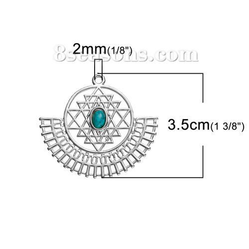 Picture of Brass Sri Yantra Meditation Pendants Silver Tone With Resin Cabochons Imitation Turquoise 35mm(1 3/8") x 31mm(1 2/8"), 1 Piece                                                                                                                                