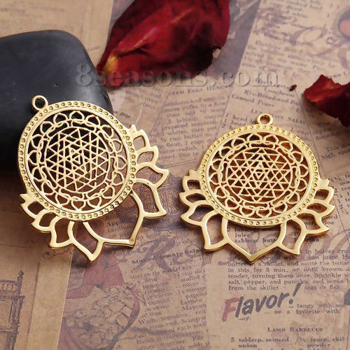 Picture of Brass Sri Yantra Meditation Pendants Gold Plated Hollow 40mm(1 5/8") x 35mm(1 3/8"), 1 Piece                                                                                                                                                                  