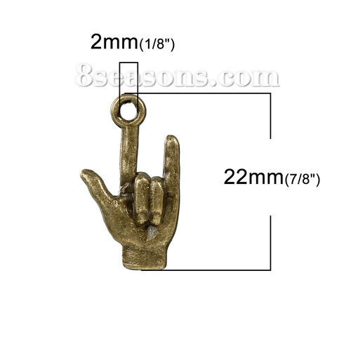 Picture of Zinc Based Alloy 3D Charms Hand Gesture Antique Bronze 22mm( 7/8") x 13mm( 4/8"), 30 PCs