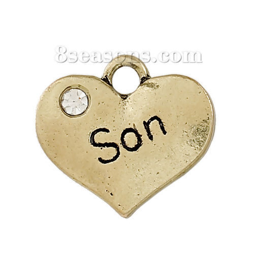 Picture of Zinc Based Alloy Charms Heart Antique Bronze Message " SON " Clear Rhinestone 17mm( 5/8") x 15mm( 5/8"), 5 PCs