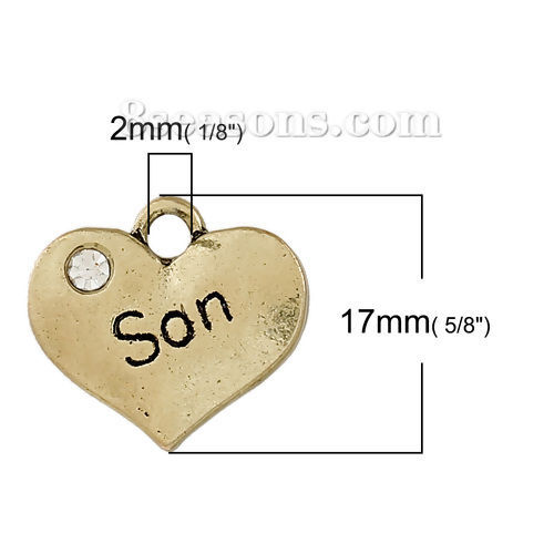 Picture of Zinc Based Alloy Charms Heart Antique Bronze Message " SON " Clear Rhinestone 17mm( 5/8") x 15mm( 5/8"), 5 PCs