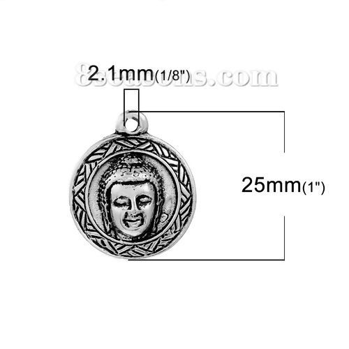 Image de Breloque en Alliage de Zinc Rond Bouddha Argent Vieilli 25mm x 22mm, 5 Pcs