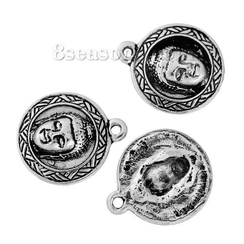 Image de Breloque en Alliage de Zinc Rond Bouddha Argent Vieilli 25mm x 22mm, 5 Pcs