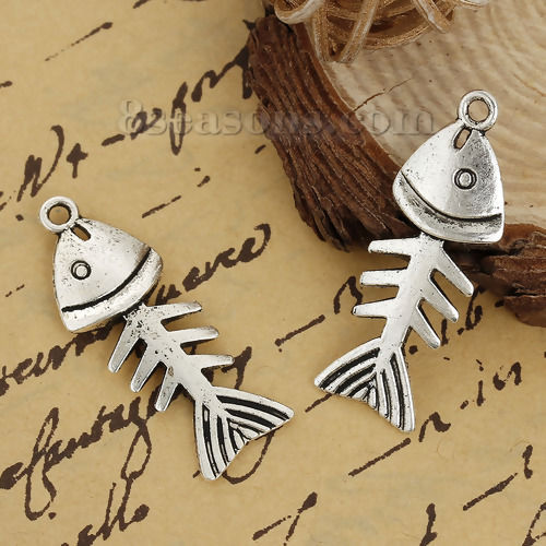 Imagen de Aleación del Cinc Boho Chic Colgantes Huesos de pescado Plata Antigua Hueco 35mm x 13mm, 20 Unidades