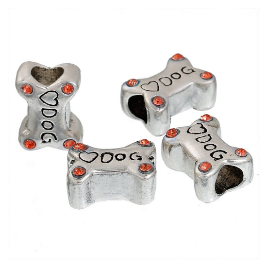 Immagine di Lega di Zinco Stile Europeo Perline Osso Argento Antico Lettere Scolpito " DOG Intagliato Rosso Strass Circa 14mm x 11mm, Foro: Circa 5.3mm, 3 Pz