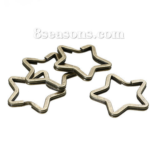 Picture of Iron Based Alloy Keychain & Keyring Pentagram Star Antique Bronze 35mm x 33mm, 5 PCs