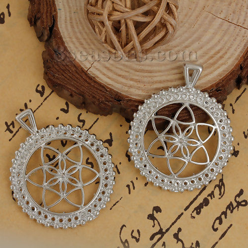 Picture of Zinc Based Alloy Flower Of Life Pendants Round Silver Tone Hollow 42mm(1 5/8") x 35mm(1 3/8"), 3 PCs