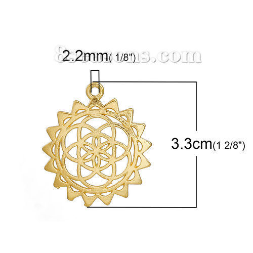 Picture of Zinc Based Alloy Flower Of Life Pendants Round Gold Plated Gear Hollow 33mm(1 2/8") x 29mm(1 1/8"), 10 PCs