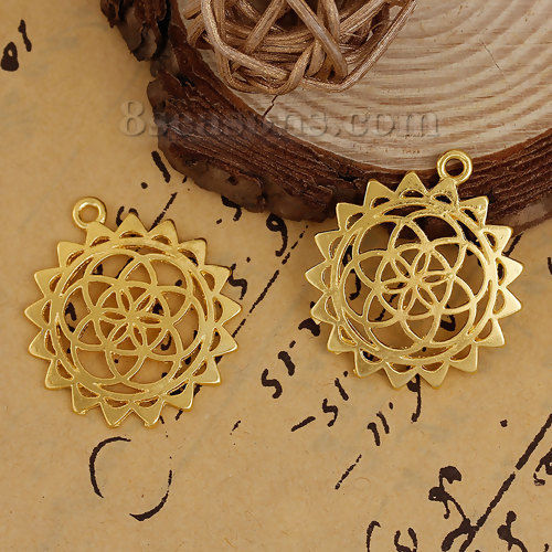 Picture of Zinc Based Alloy Flower Of Life Pendants Round Gold Plated Gear Hollow 33mm(1 2/8") x 29mm(1 1/8"), 10 PCs