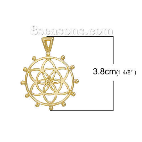 Picture of Zinc Based Alloy Flower Of Life Pendants Round Gold Plated Hollow 38mm(1 4/8") x 30mm(1 1/8"), 5 PCs