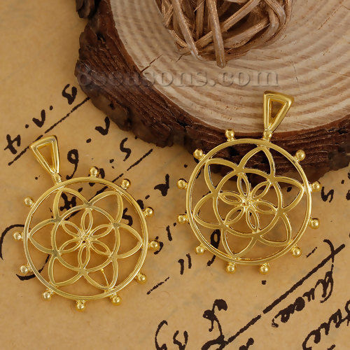 Picture of Zinc Based Alloy Flower Of Life Pendants Round Gold Plated Hollow 38mm(1 4/8") x 30mm(1 1/8"), 5 PCs