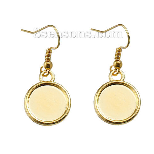 Picture of Zinc Based Alloy Earrings Findings Round Gold Plated Cabochon Settings (Fit 12mm Dia.) 34mm(1 3/8") x 15mm( 5/8"), Post/ Wire Size: (21 gauge), 20 PCs