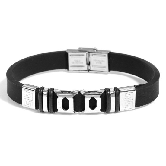 Imagen de 304 Acero Inoxiadable & Silicona Pulseras Tono de Plata Negro Patrón 22cm longitud, 1 Unidad