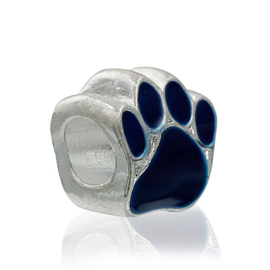 Picture of Zinc Based Alloy European Style Large Hole Charm Beads Bear's paw Silver Plated Blue Enamel About 11mm( 3/8") x 11mm( 3/8"), Hole: Approx 5.4mm, 5 PCs