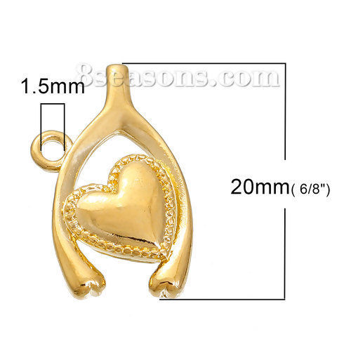 Bild von Messing Charms Wishbone Wunschknochen Vergoldet Herz 20mm x 13mm, 2 Stücke                                                                                                                                                                                    