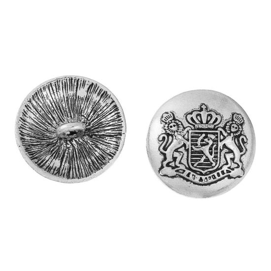 Picture of Zinc Based Alloy Metal Sewing Shank Buttons Round Antique Silver Color Royal Badge Pattern 22mm( 7/8") Dia, 5 PCs