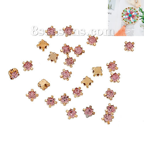 Picture of Iron Based Alloy Sew On Rhinestone Square Gold Plated Pink 4mm( 1/8") x 4mm( 1/8"), 100 PCs