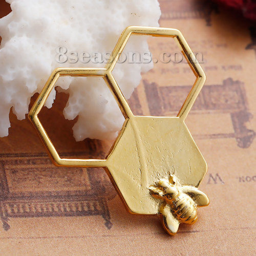 Imagen de Conectores Aleación del Cinc Panal y Chapado en Oro Abeja Hueco 31mm x 29mm, 10 Unidades