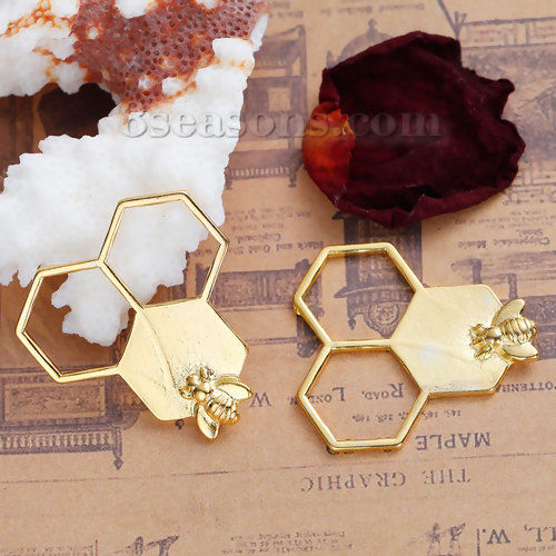 Imagen de Conectores Aleación del Cinc Panal y Chapado en Oro Abeja Hueco 31mm x 29mm, 10 Unidades