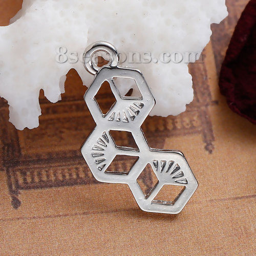 Picture of Zinc Based Alloy Charms Honeycomb Silver Tone Hollow 23mm( 7/8") x 11mm( 3/8"), 20 PCs