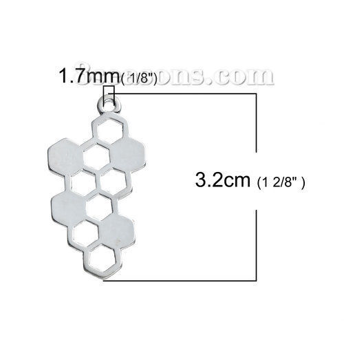 Picture of Zinc Based Alloy Pendants Honeycomb Silver Tone Hollow 32mm(1 2/8") x 17mm( 5/8"), 10 PCs