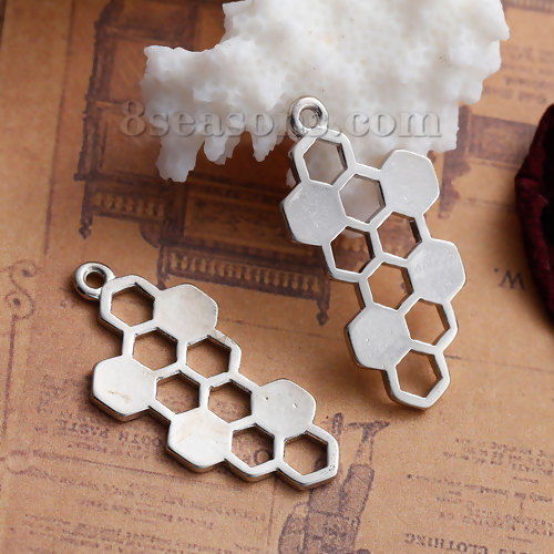 Picture of Zinc Based Alloy Pendants Honeycomb Silver Tone Hollow 32mm(1 2/8") x 17mm( 5/8"), 10 PCs