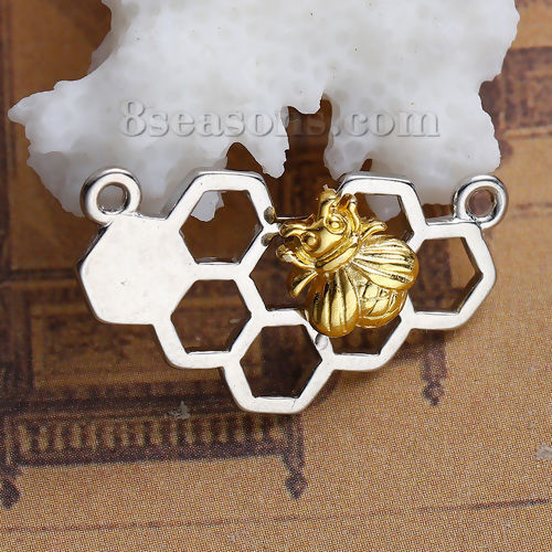 Bild von Zinklegierung Verbinder Bienenwabe Silberfarbe Golden Biene Hohl 25mm x 14mm, 10 Stücke