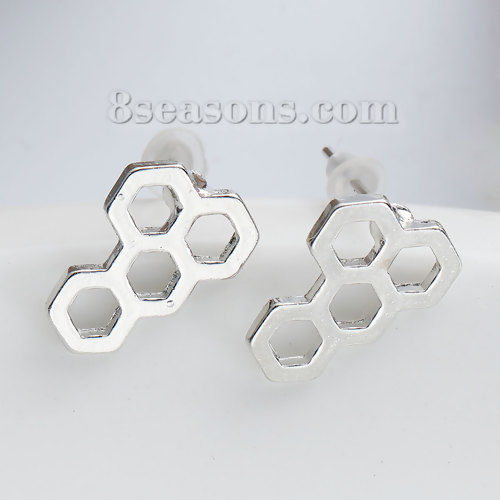 Picture of Zinc Based Alloy Ear Post Stud Earrings Honeycomb Silver Tone Hollow W/ Stoppers 15mm( 5/8") x 11mm( 3/8"), Post/ Wire Size: (20 gauge), 10 PCs