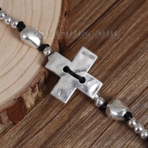 Bild von Wachsschnur Perlen Wickelarmband Kreuz Antiksilber Schwarz 21cm lang, 1 Streif