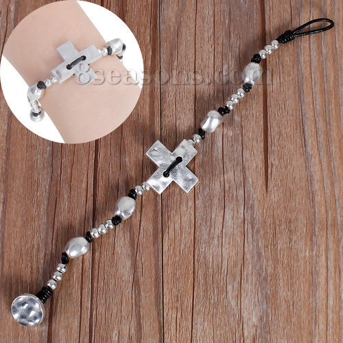 Picture of Wax Rope Hand Made Beaded Bracelets Antique Silver Color Black Cross Round 21cm(8 2/8") long, 1 Piece