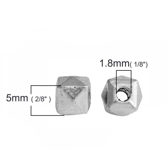 Image de Perles en Alliage de Zinc Cube Argent Vieilli A Facettes 5mm x 5mm, Taille de Trou: 1.8mm, 100 Pcs