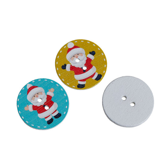 Picture of Wood Sewing Buttons Scrapbooking 4 Holes Round Multicolor Christmas Santa Claus Pattern 25mm(1") Dia, 10 PCs