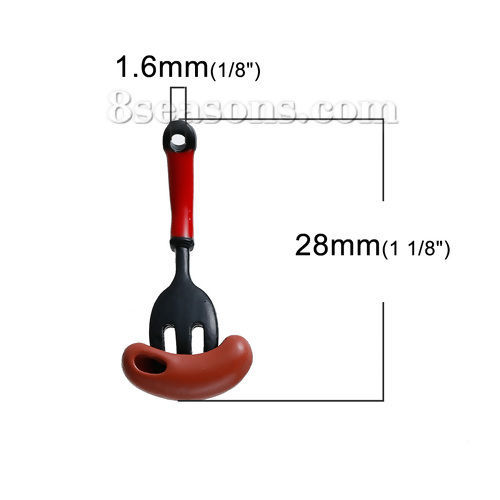 Picture of Zinc Based Alloy Charms Hot Dog Fork Black Red & Red Brown Enamel 28mm x12mm(1 1/8" x 4/8") - 27mm x13mm(1 1/8" x 4/8"), 5 PCs