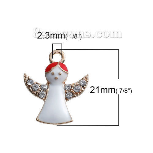 Picture of Zinc Based Alloy Charms Angel Light Golden Wing Clear Rhinestone White & Red Enamel 21mm( 7/8") x 18mm( 6/8"), 5 PCs
