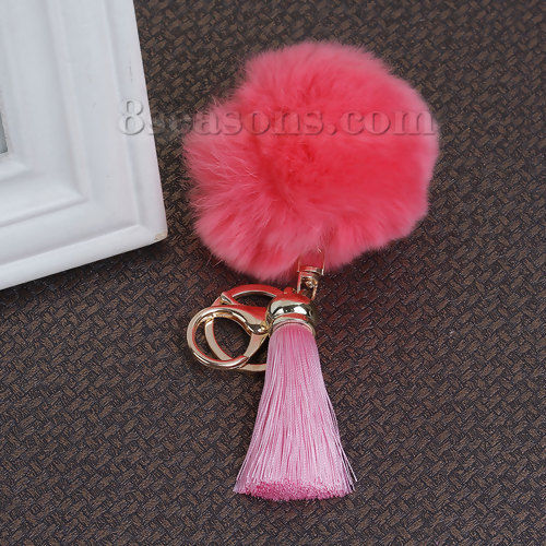 Picture of Keychain & Keyring Gold Plated Watermelon Red Angora Pom Pom Ball Pink Rayon Tassel 12cm x 3cm, 1 Piece