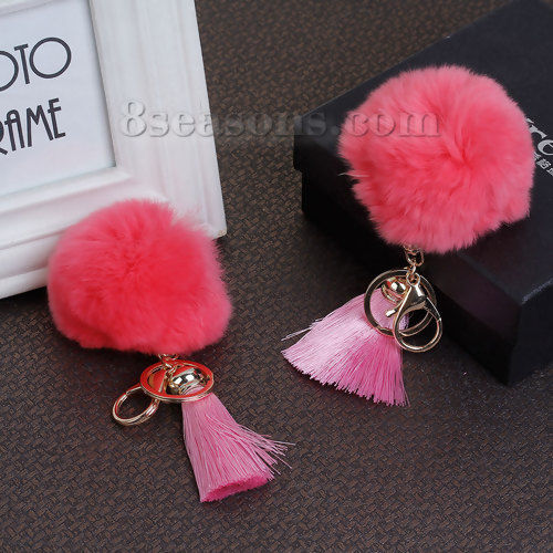 Picture of Keychain & Keyring Gold Plated Watermelon Red Angora Pom Pom Ball Pink Rayon Tassel 12cm x 3cm, 1 Piece