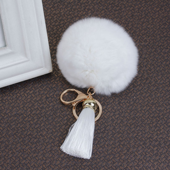 Picture of Keychain & Keyring Gold Plated White Angora Pom Pom Ball Rayon Tassel 12cm x 3cm, 1 Piece
