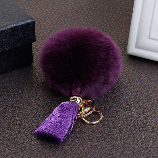 Изображение Искусственный шелк+ Кроличья шерсть Кольца и Цепи для Ключей Помпон Позолоченный Фиолетовый кисточка С узором 12см x 3см, 1 ШТ