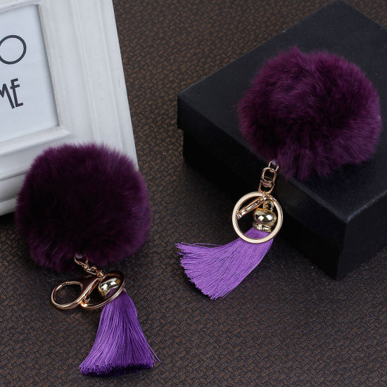 Picture of Keychain & Keyring Gold Plated Purple Angora Pom Pom Ball Rayon Tassel 12cm x 3cm, 1 Piece