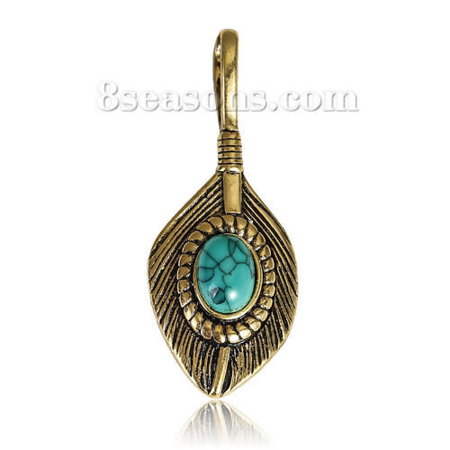 Picture of Brass Pendants Feather Gold Tone Antique Gold Imitation Turquoise 37mm(1 4/8") x 15mm( 5/8"), 2 PCs                                                                                                                                                           